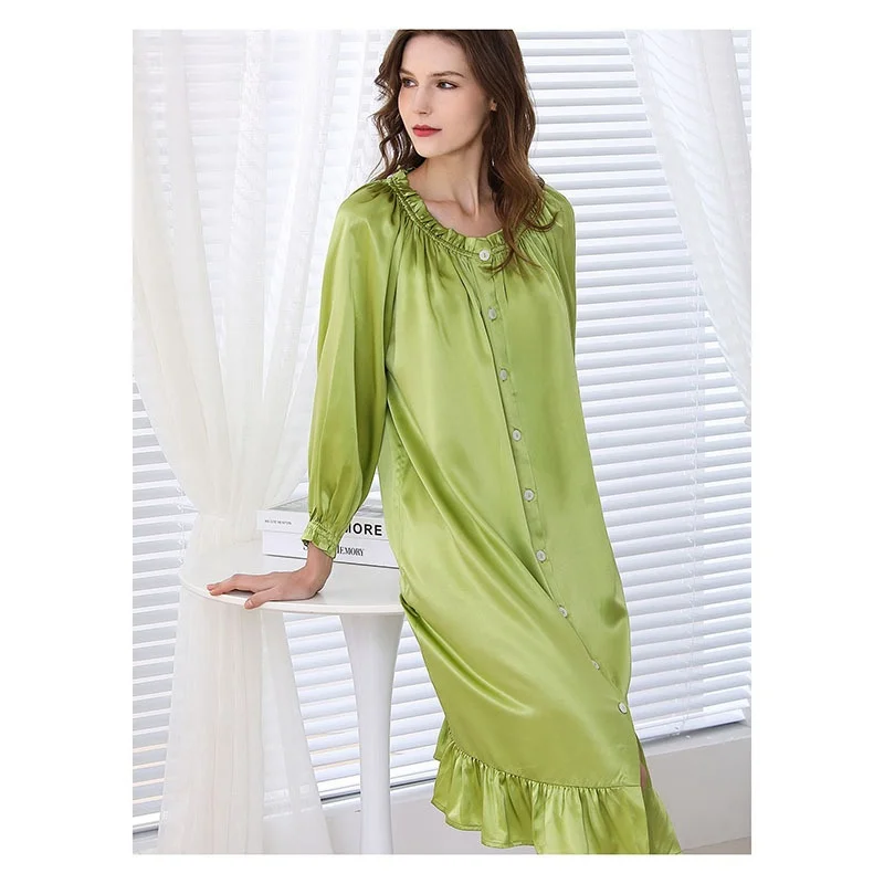 

100% Mulberry Silk Plus Size Nightgown High Quality Sleeping Dress Summer Ruffles Homewear Female Pure Silk Women Silk Dress