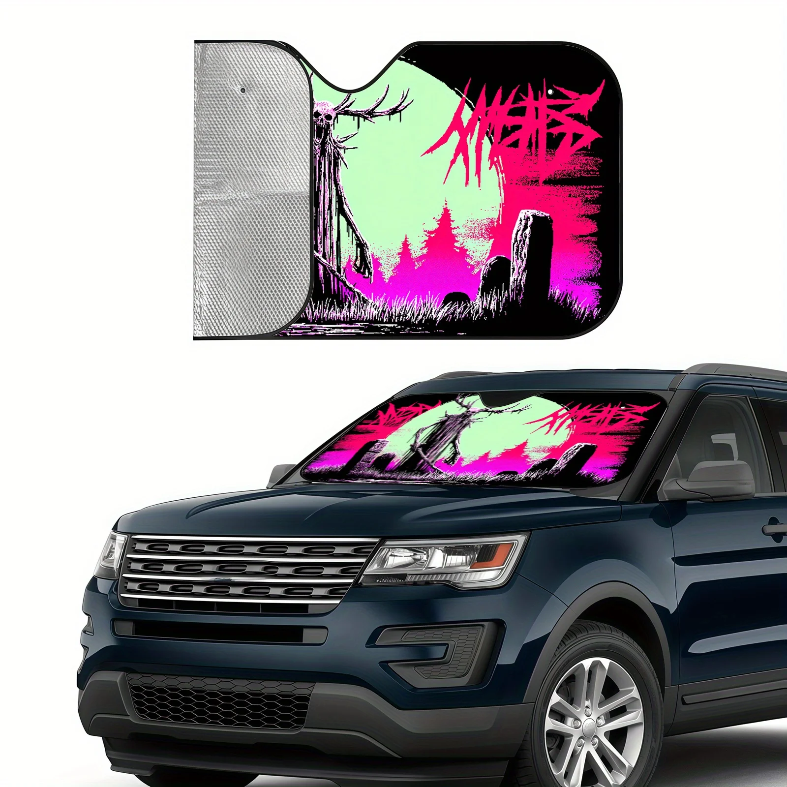 A Bizarre Car Sunshade Featuring A Graveyard With Eerie Tombstones And A Skull-Deer Pattern, Complete With Installation Clips To