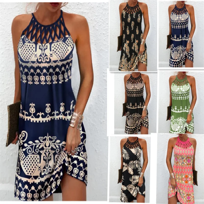 Women's Dresses 2022 Summer New Casual Sleeveless Vintage Tribal Print Cutout Daily O neck Dress