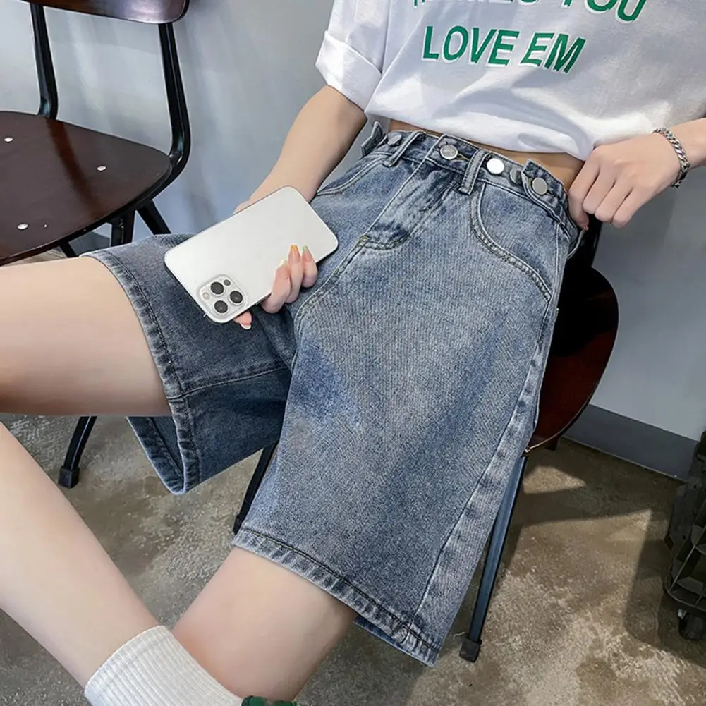 Straight Jeans High-waist Jeans Vintage A-line Denim Shorts Adjustable Waist Zipper Closure Pockets Women's Knee for Style