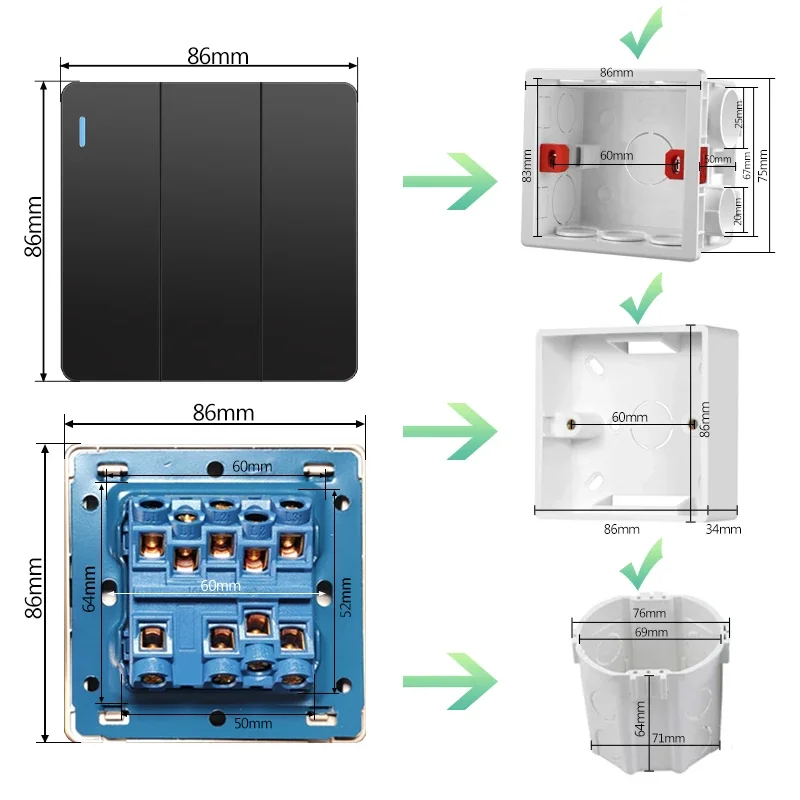 C82 EU ru uk Standard 2 way wall light switch 16A PC panel on off power push button rocker switch 1/2/3/4 gang 86*86mm