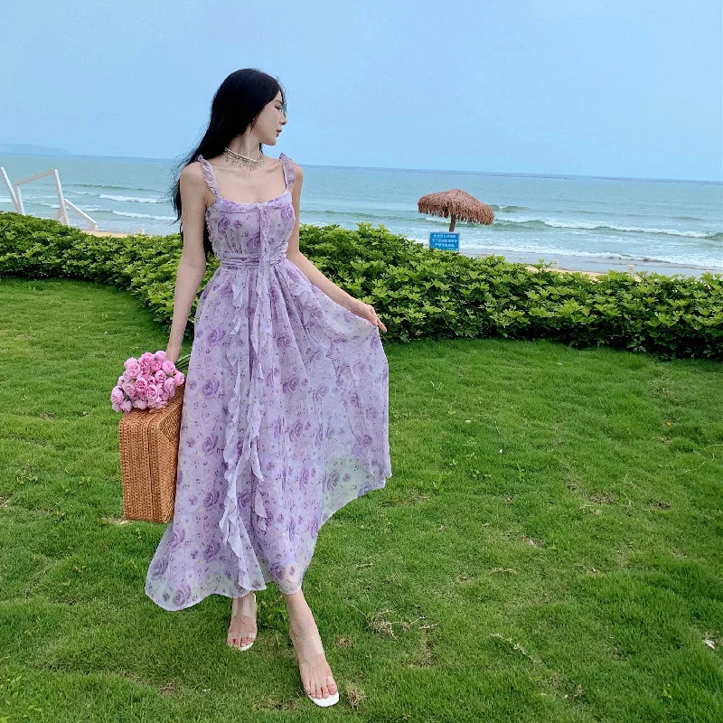 Commuter Casual Yacho Iris Summer Vintage Super Fairy Dreamy Purple Court Style Retro Square Neck Halter Romantic Dresses