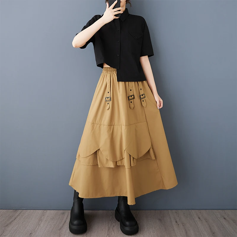 Saia fena estilo japonês casual com emendas assimétricas, cintura alta, caimento solto, crimento médio e linha A, moda...