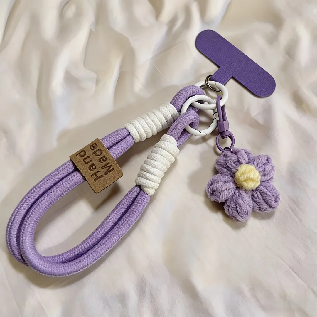 Hand-knitted Cell Phone Lanyard - With Flower Keychain Charm