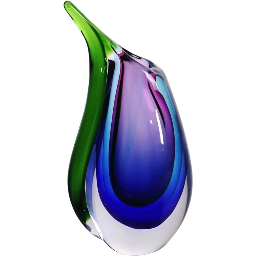 Hand Blown Multicolor Sommerso Teardrop Art Glass Vase for Decor 9.5 Inch Tall Centerpiece Table Decoration Freight Free Room