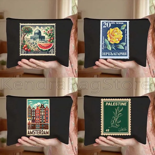 

Винтажная японская почтовая марка с цветочным горным пейзажем, почтовые марки, подарки, холщовая косметичка, хлопковая сумка для макияжа, пенал, сумка на молнии