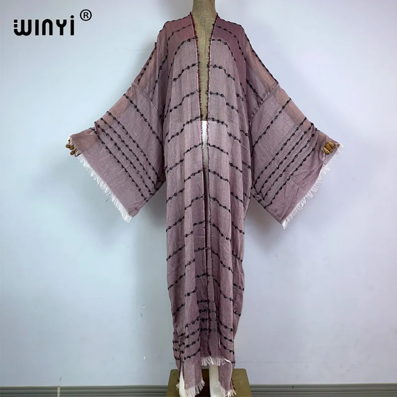 WINYI beachwear wygodne damskie artystyczne monochromatyczne płaszcz plażowy luźna sukienka Boho luźna świąteczna futerał do pływania up Kimono