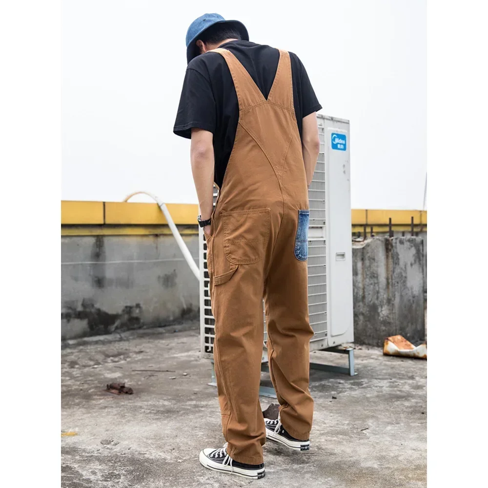 Retro Denim Strappy Pants Men Casual Ripped Hole Loose Baggy Straight Overalls Jeans  Wide-Legged Work Trousers Suspenders