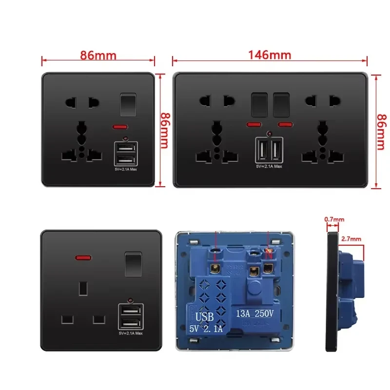 ELEGAN Nero Universale USB Tipo-C Presa di ricarica rapida Doppia spina di alimentazione a 5 pin 13A UK Internationa elettrica Interruttore della luce da parete