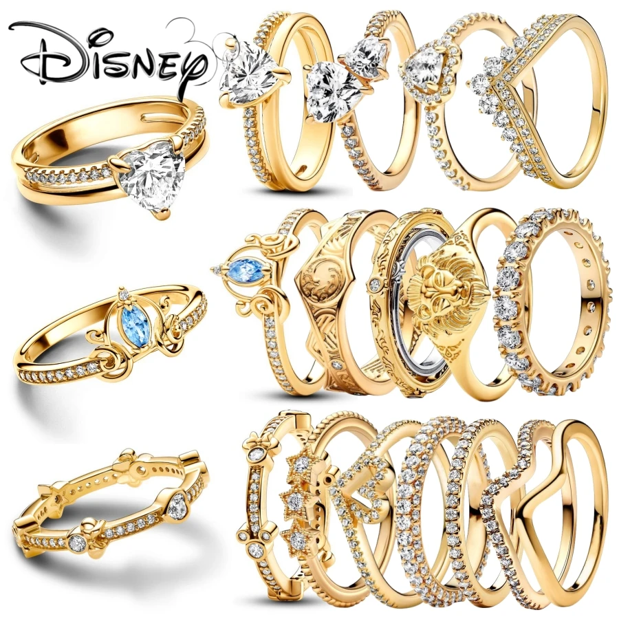 New Disney Gold Plating Charm Rings Double Band Heart Wedding Ring Original Jewelry Women Gift