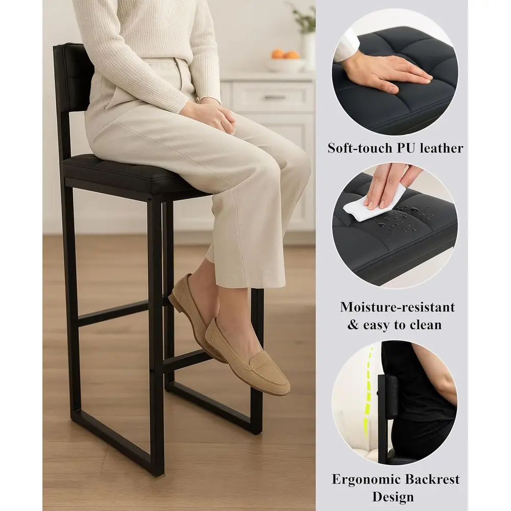 Paar 27 barkrukken met rugleuning, gewatteerde PU-leren stoelen, voetsteunen, zwart metaal, voor keuken of eetkamer