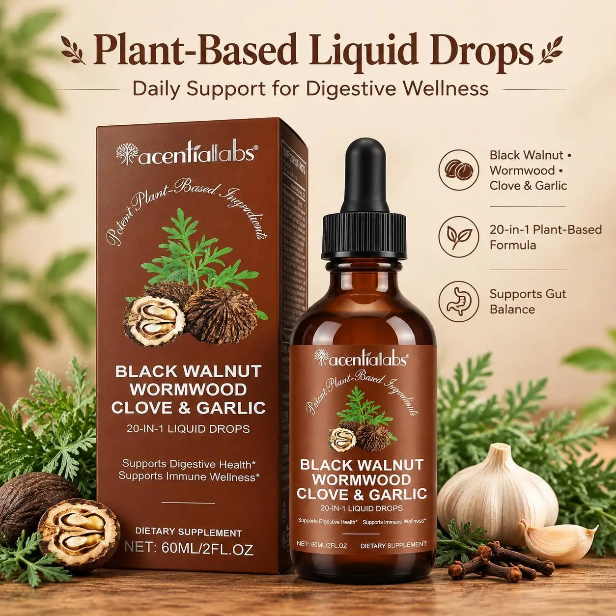 Maintain Gut Comfort & Stable Digestion, Acentialabs Black Walnut Wormwood Clove Garlic Liquid Drops 20-in-1 Herbal Blend, 60ml