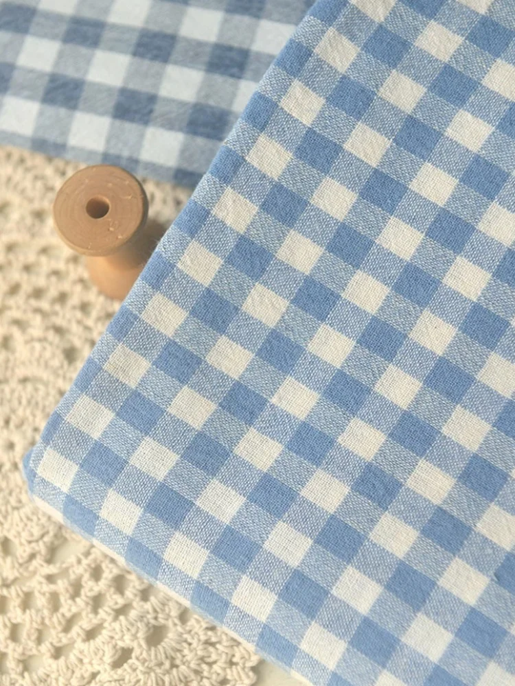 Blue Linen Cotton Fabric Checkered DIY Shirt Top Jumpsuit Dress Children's Clothing Handmade Fabrics