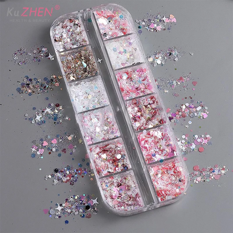 12 grilles paillettes paillettes mélange étoile coeur forme coloré ongles paillettes pour scintillant Shaker Nail Art Flakies Paillette manucure