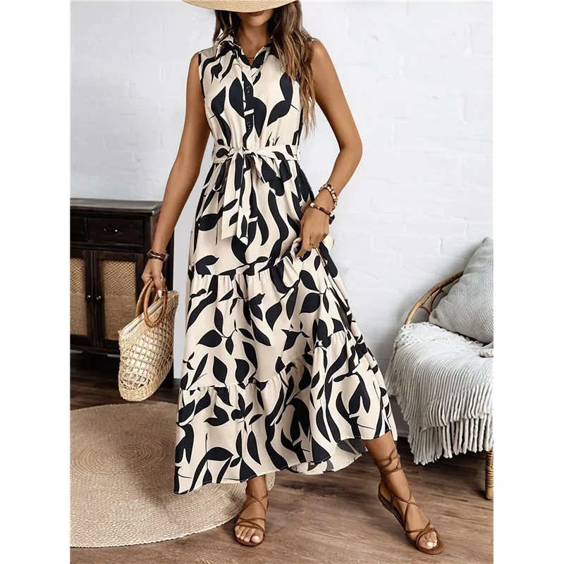 【Feestdecoratie】Dames zomer maxi-jurk met bloemen, knoopsluiting, kraag, taille, gelaagde ruches, mouwloze boho-jurken
