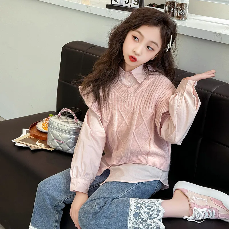 2024 Girls Spring Autumn Vest Shirt Set For Spring, Middle Senior High School Students, And Fashionable Childn's