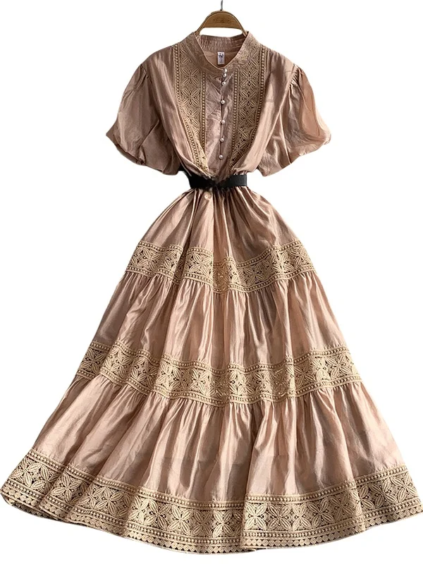 Vestido Retro com Detalhes em Renda, Gola Alta, Manga Bufante, Cintura Alta, Botão de Pérola, Vestido Maxi Estilo Coreano