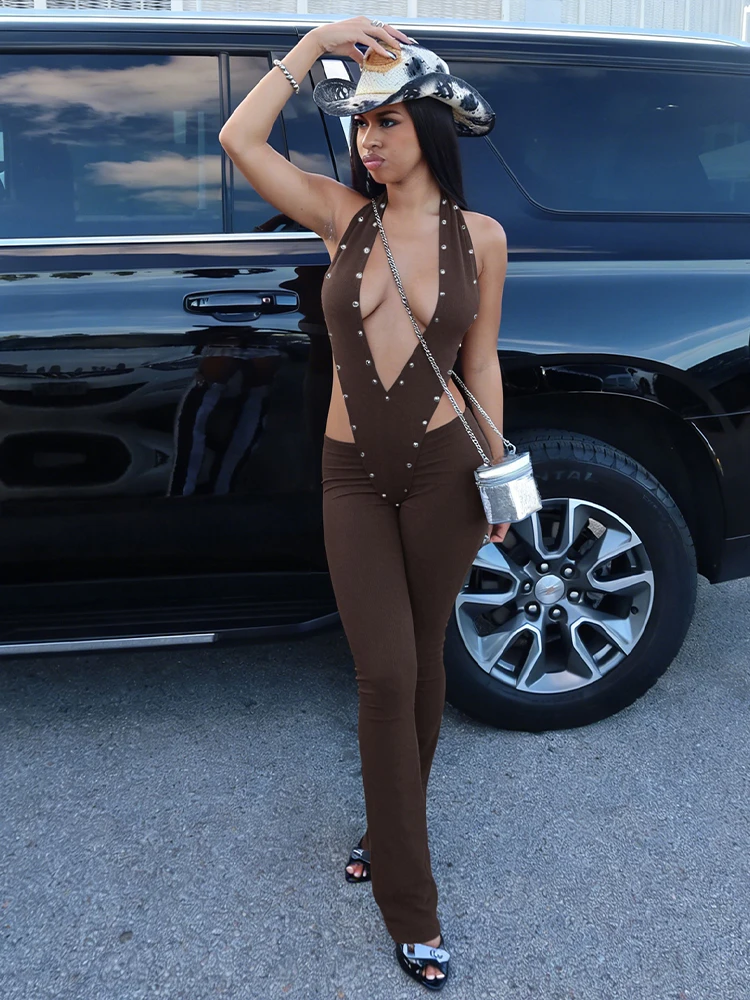 

Kliou комбинезоны с украшением и заклепками, женские бандажные комбинезоны с лямкой на шее, глубокий v-образный вырез, без рукавов, узкие персиковые хип-комбинезоны в диком стиле High Street