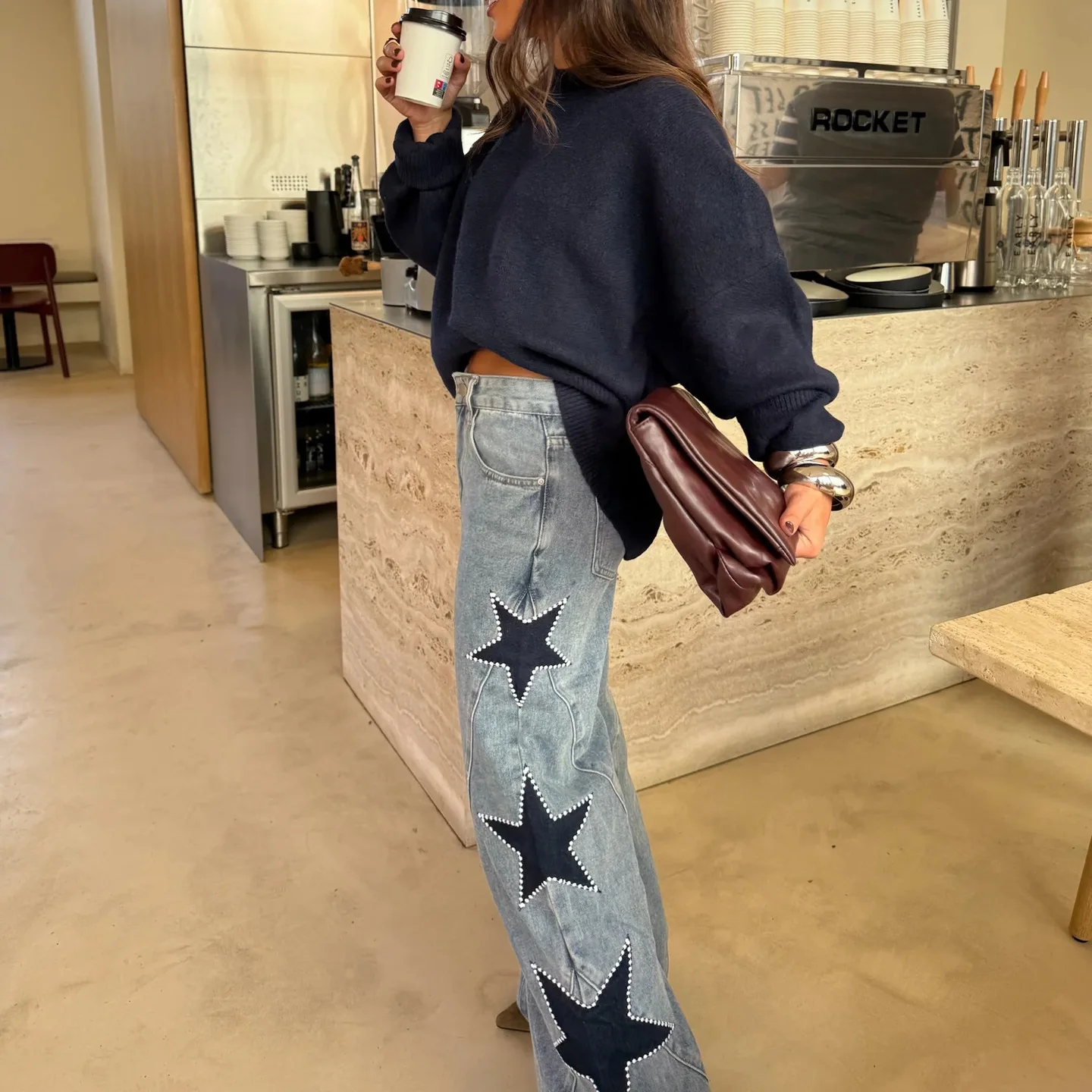Jean en denim pour femme, vintage, coupe large, long, imprimé, taille haute, droit, style Y2K, streetwear, décontracté, ample, 2026