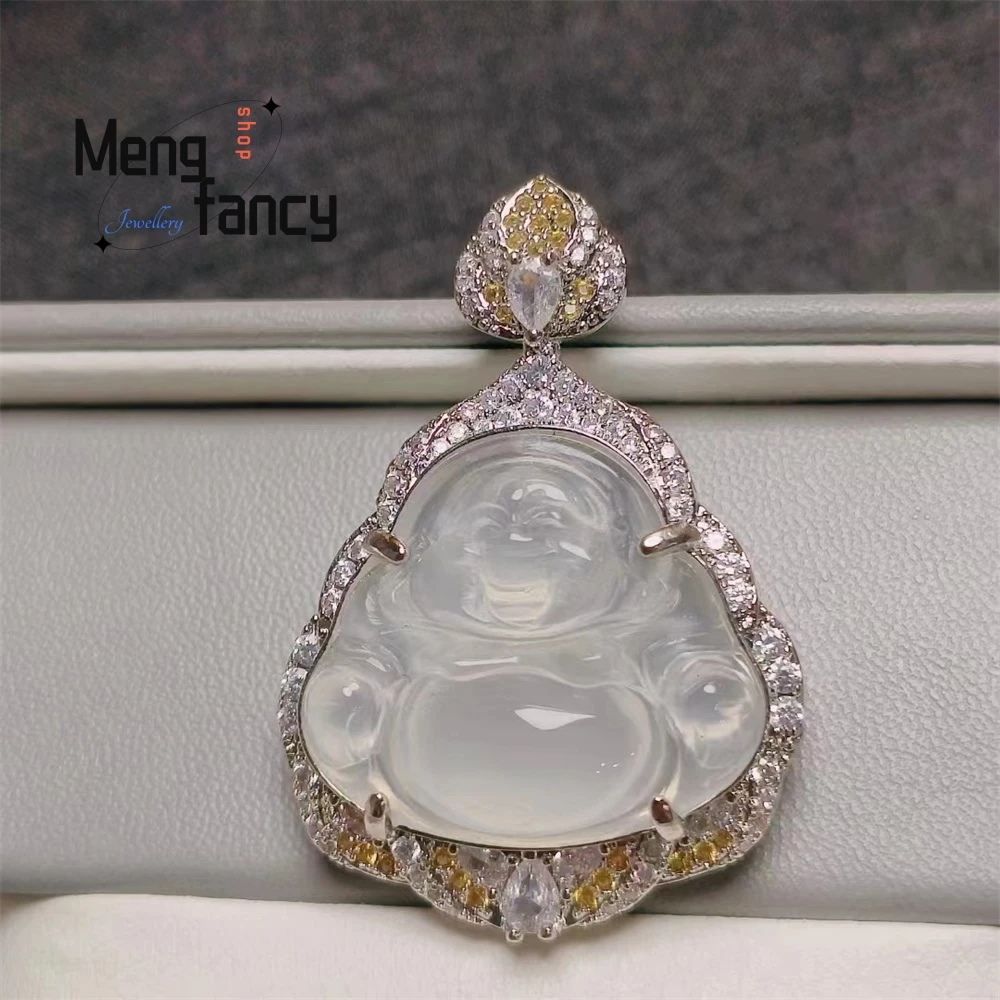 

A Natural Gemstone Silver-Plated Necklace Set With Ice-Colored White Smiling Buddha Agate And Chalcedony Fashion Jewelry Elegant