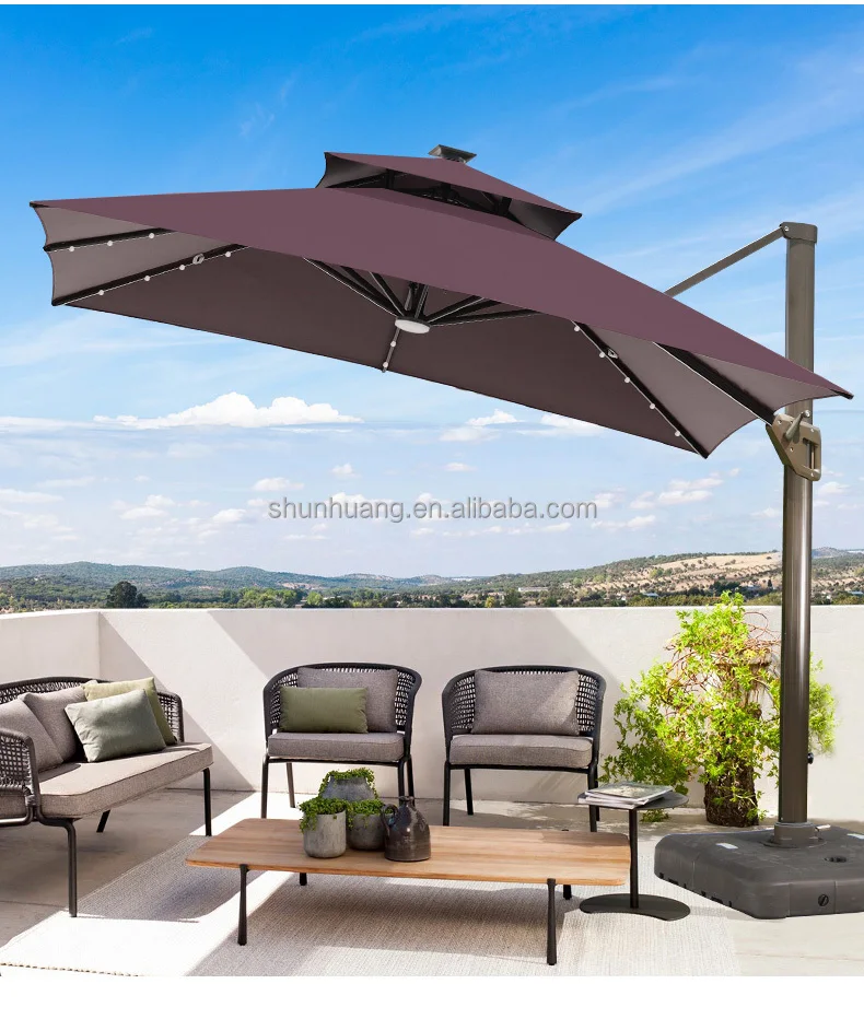 Windproof Outdoor Courtyard Parasol Square Umbrella With LED  Roman Umbrella