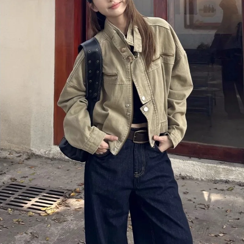 

Women's Khaki Vintage Washed Denim Jacket, Loose Stand Collar Style Outerwear, Casual Streetwear Top for Fall