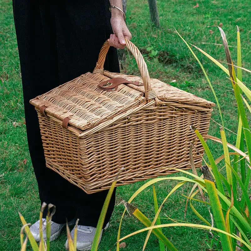 

Double Door Organizer Boxes Willow Weaving Design Picnic Basket Multifunctional Fruit Basket Convenient Handle Flower Basket