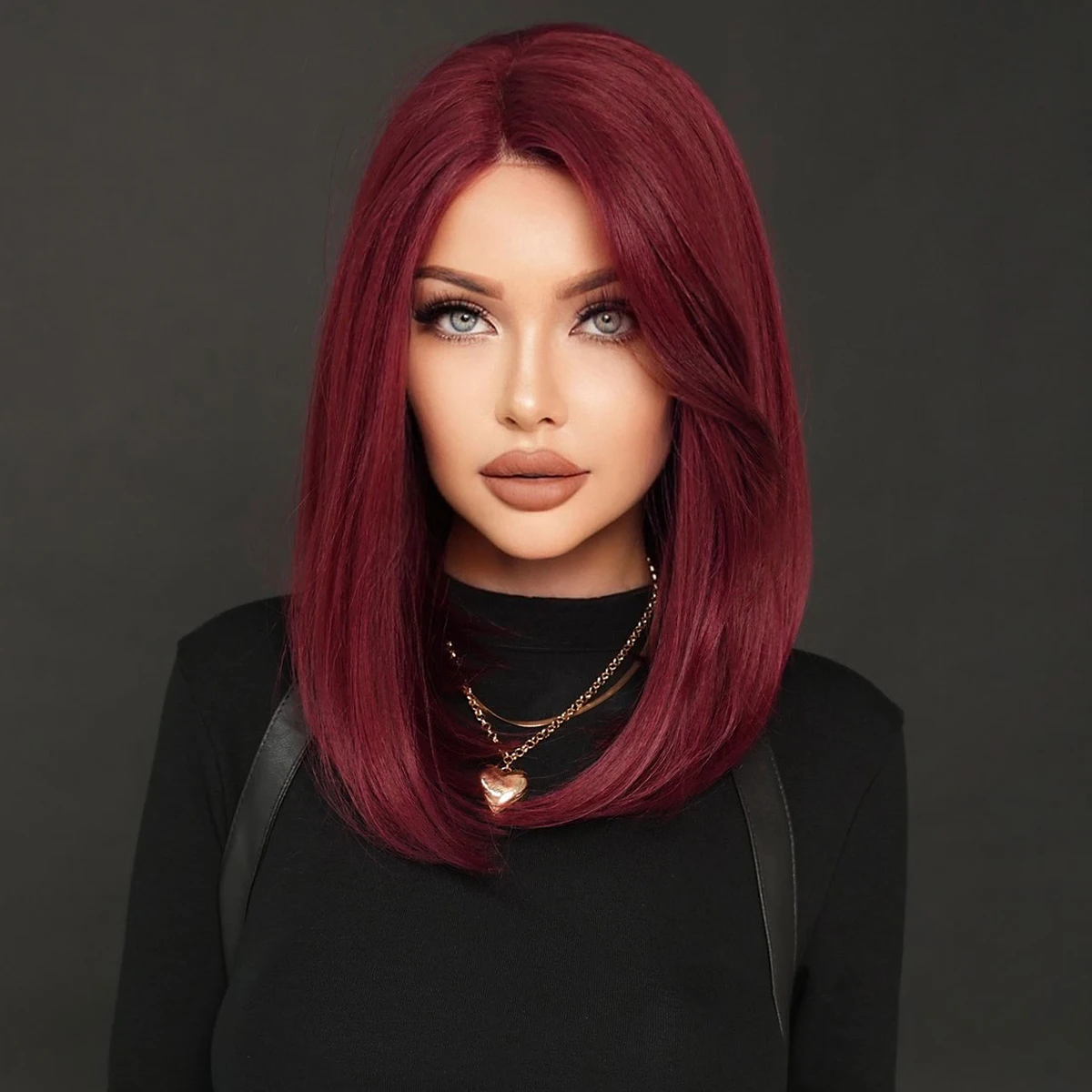 Lace Front Wig Shoulder Length Middle Part Wine Red Lace Bob Wigs for Black Women High Density Synthetic Layered T Part Lace Wig