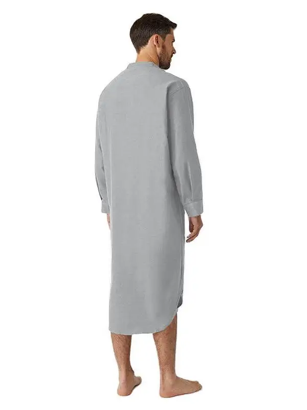 Faionable Spring Summer Long Sve Button up Pure Color round Ne irt Loose Arab Robe for Men Home Wear Cotton Blend Kn...