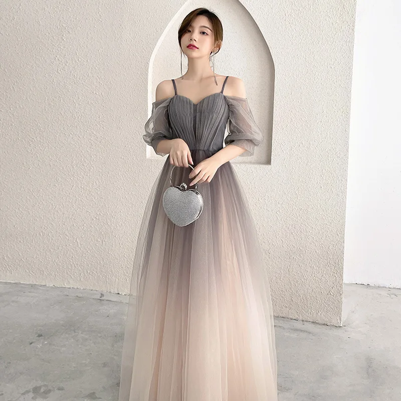 Gradient Mesh Pleated Prom Party Dress Gown Perspective Cheongsam Halter Bowknot Sashes Qipao Back Sexy Vestidos