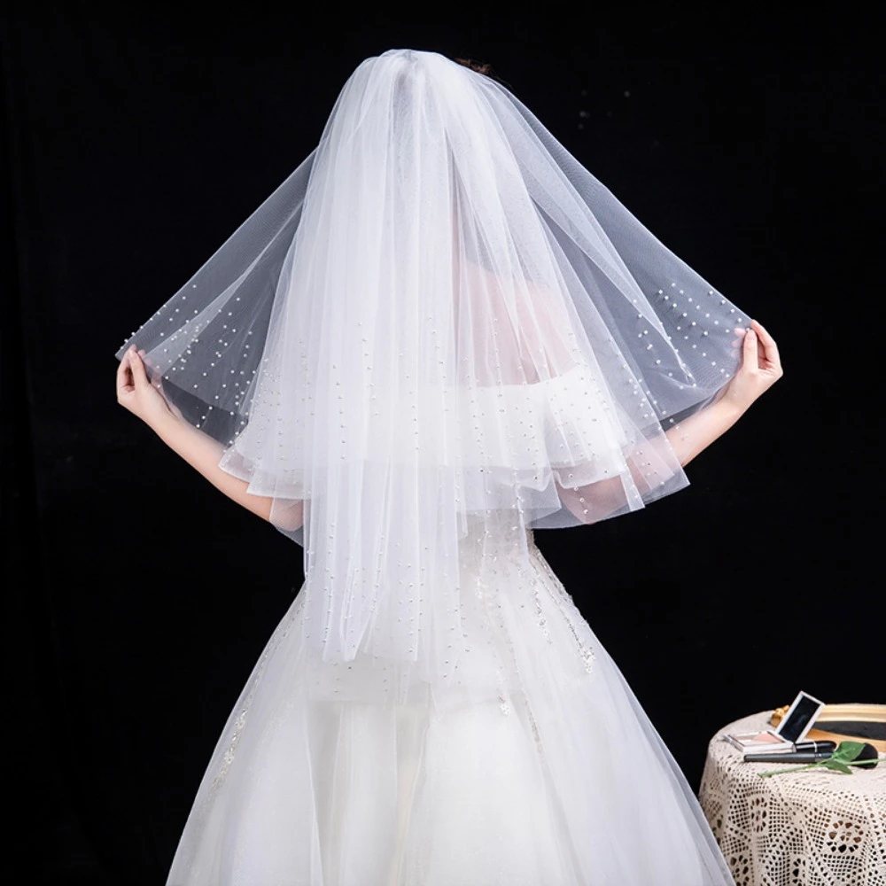 Свадебная фата из мягкого тюля с бисером, простая красивая фата с принтом из бисера, короткая свадебная фата на плечо, аксессуары для невесты