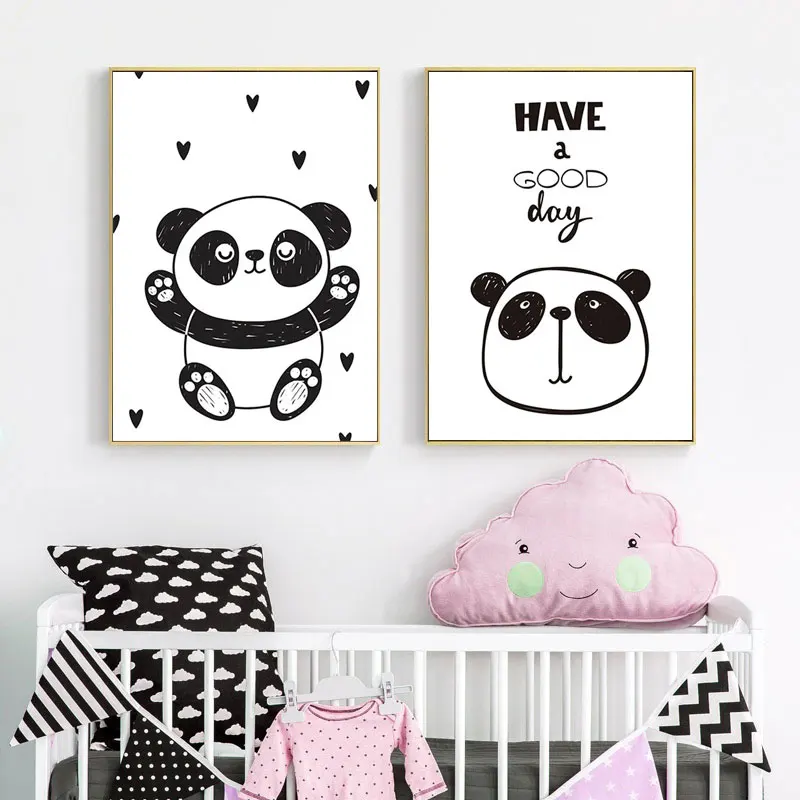 Cute Cartoon Black White Panda Canvas Art Posters Prints Modern Wall Decorative Picture for Nusery Bedroom Simple Home Decor