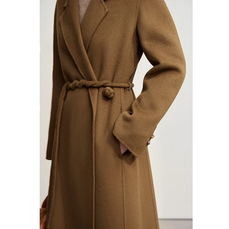 AMII abrigo de lana para mujer 2025 invierno nuevos abrigos largos versátiles para mujer con cinturón 100% chaqueta de Tweed de doble cara de lana 12544044