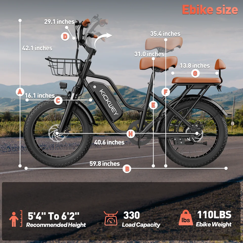 KICKWEY LD20 48V 20AH Fat Tire E-Bike | 1500W Peak Motor & 20x3.0" All-Terrain Tires | Double Seat Electric Bicycle for Adults, Women & Kids | Snow & Road Commuter Bike image 9