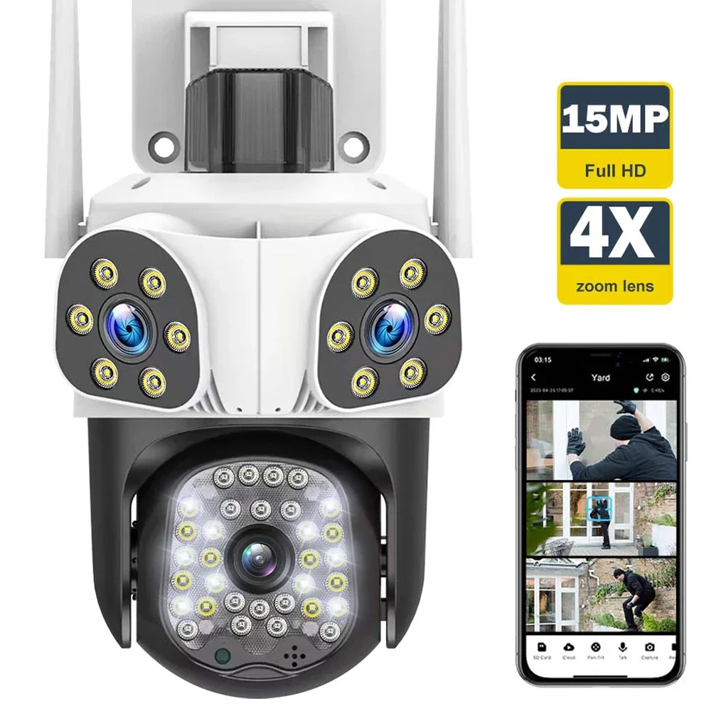 

8K 15MP Outdoor WiFi Camera Motion Tracking Three Len Screens 4X Zoom PTZ Video Cam Security Protection CCTV Surveillance Camera