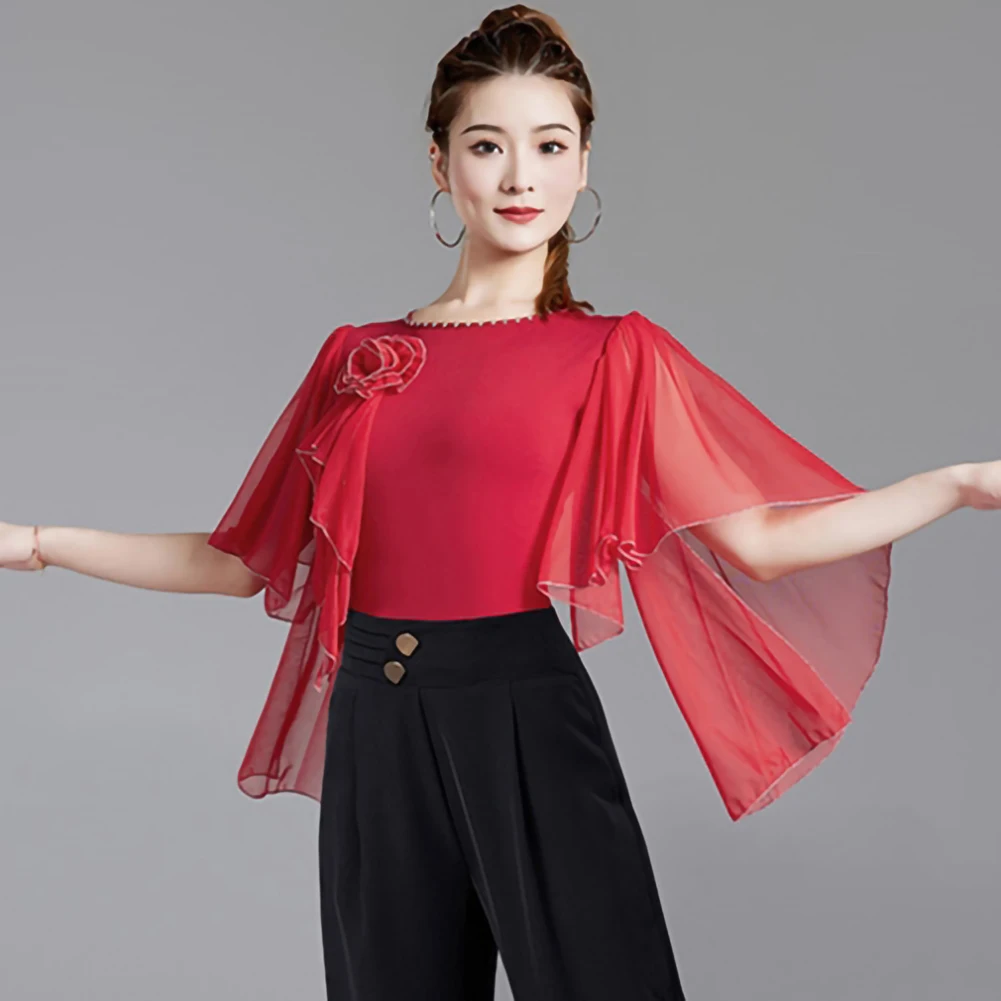 Tanzoberteil, Bankettsaal, lila, rot, T-Shirt, Pfauenblau, Rundhalsausschnitt, mittlere Ärmel, springender neuer Overall mit Lotusblatt-Ärmeln