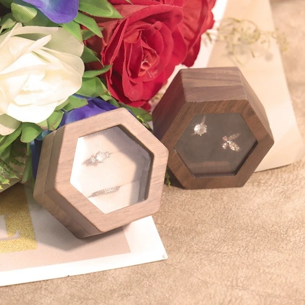 New Wooden Jewelry Box Retro Hexagon Lover Ring Display Box Ring Storage Box Love Gift