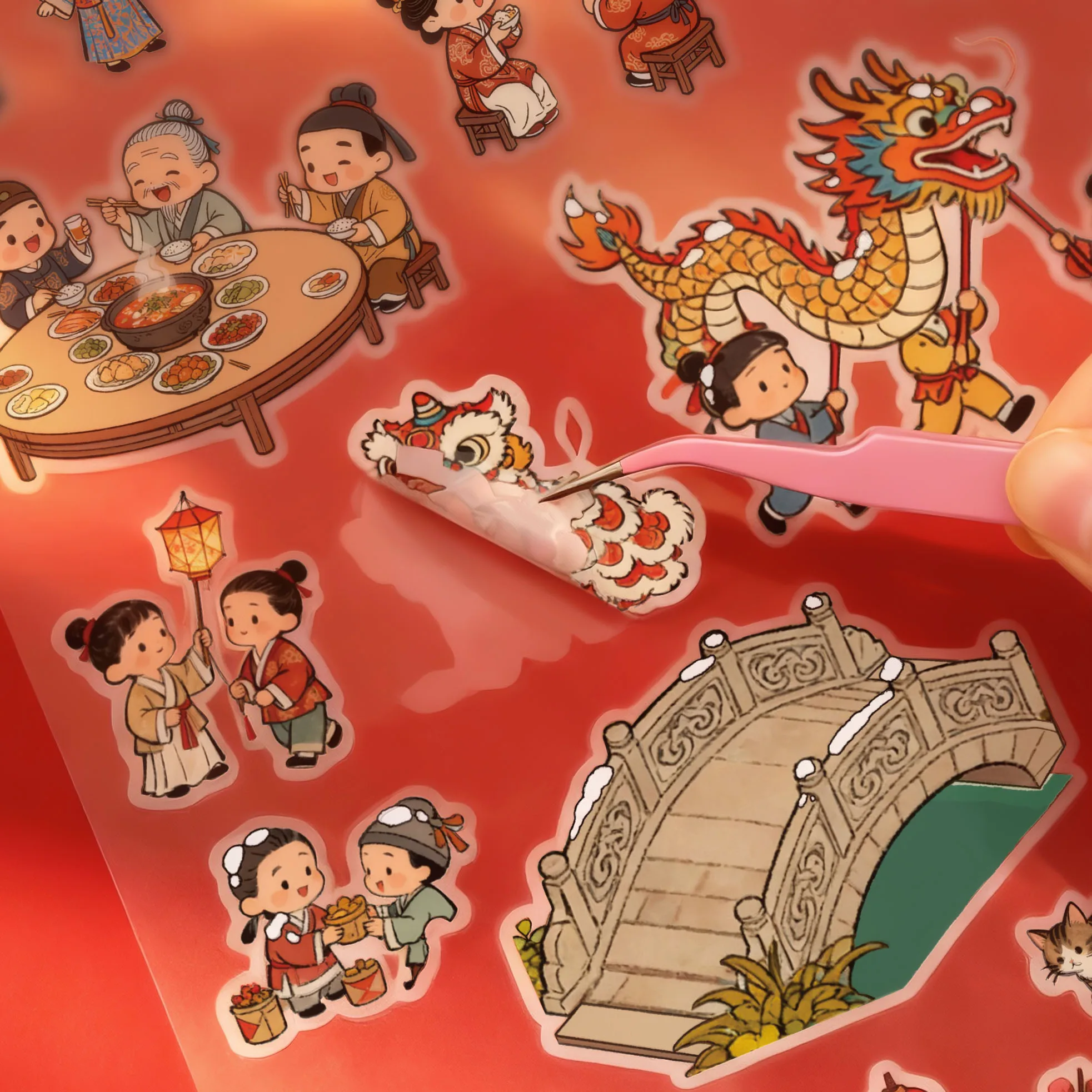 ملصقات مشهد مصغرة خاصة للعام الجديد على الطراز الصيني، ملصقات تحت عنوان احتفالية لمهرجان الربيع، ملصقات مواد تزيين مجلة يدوية الصنع كبيرة الحجم