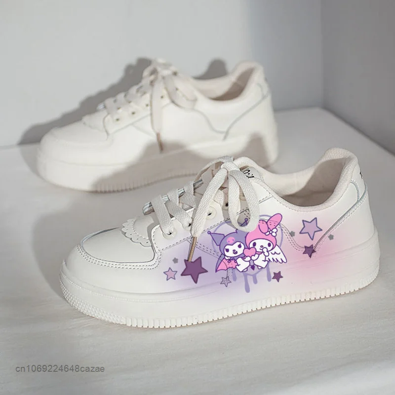 Sanrio Kuromi Chic Hand-painted Board Shoes Y2k Japanese College Style Student Flat Shoes Soft Small White Sneakers For Women