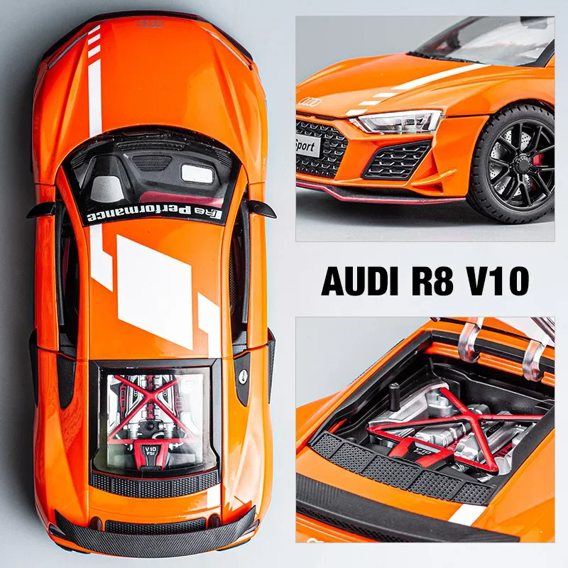 1:24 Audi R8 V10  Sports Car Model Diecast Metal Toy Sound and Light Children\'s Toys Collectible Ornament Gift for Children C163