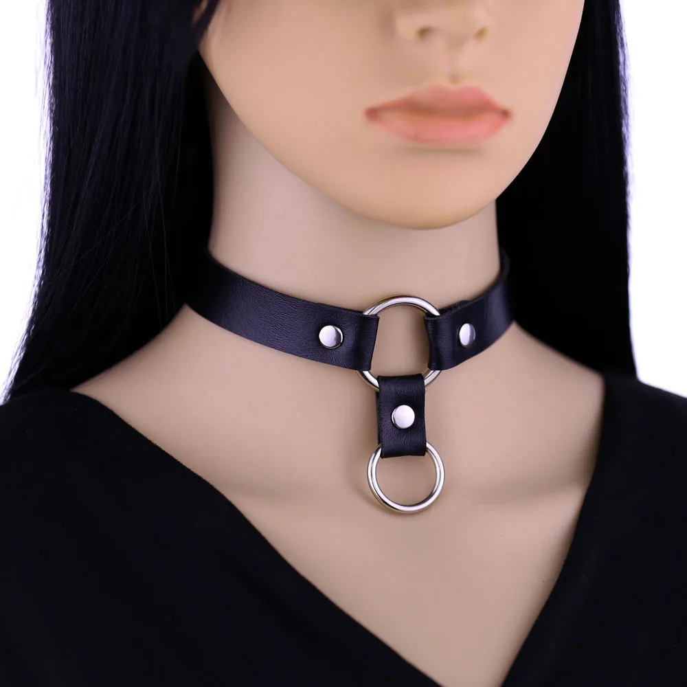 New style Punk Individuality Harajuku Easy PU leather Bicyclic ring Hanging rings Choker Pendant Collarbone chain Neck band