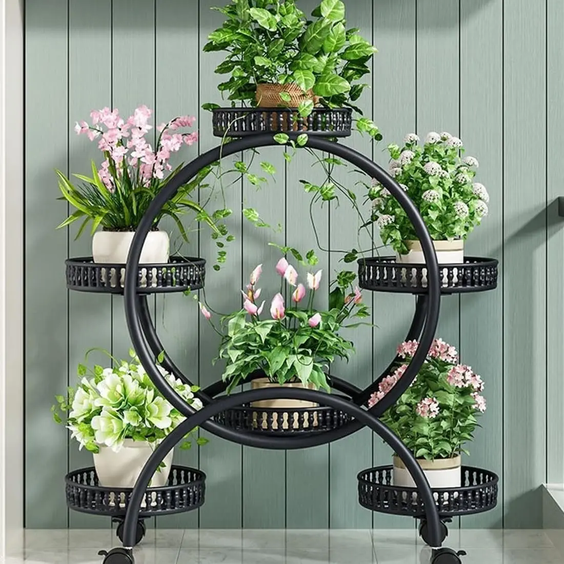 4 Tier Metal Plant Display Rack,4 Tier Tall Plant Stand with 4 Wheels Indoor Outdoor Round Flower Stand 6 Flower Pot