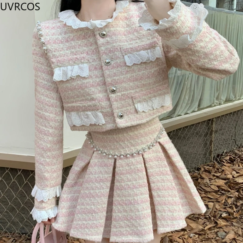 Pink Autumn Winter Kawaii Tweed Two Piece Set Women Sweet Lace Patchwork Woolen Jackets Elegant Pearl Pleated Mini Skirts Suits