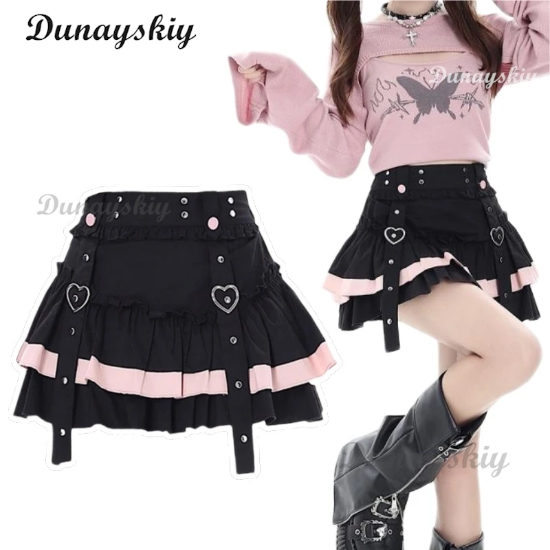 

Japanese Kawaii Mini Cake Skirts Womens JK Jupe Sweet Patchwork Lolita Sexy High Waist Lace Y2k Aesthetic Ruffled Gothic Faldas