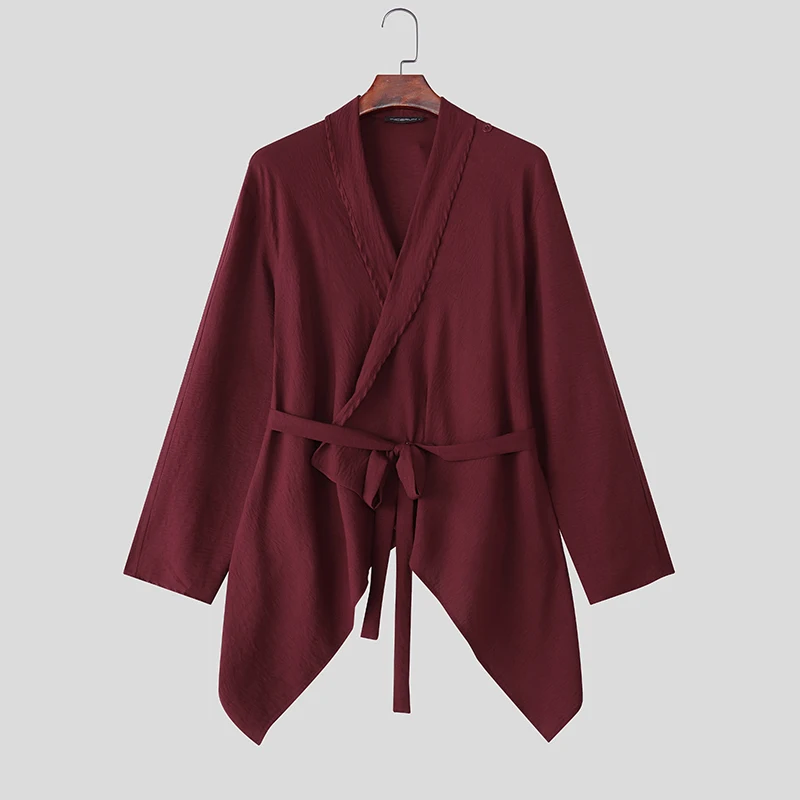 

INCERUN Мужская рубашка сплошной цвет с лацканами и длинным рукавом повседневные рубашки нестандартной формы мужские с поясом на шнуровке уличная одежда плиссированная мужская одежда