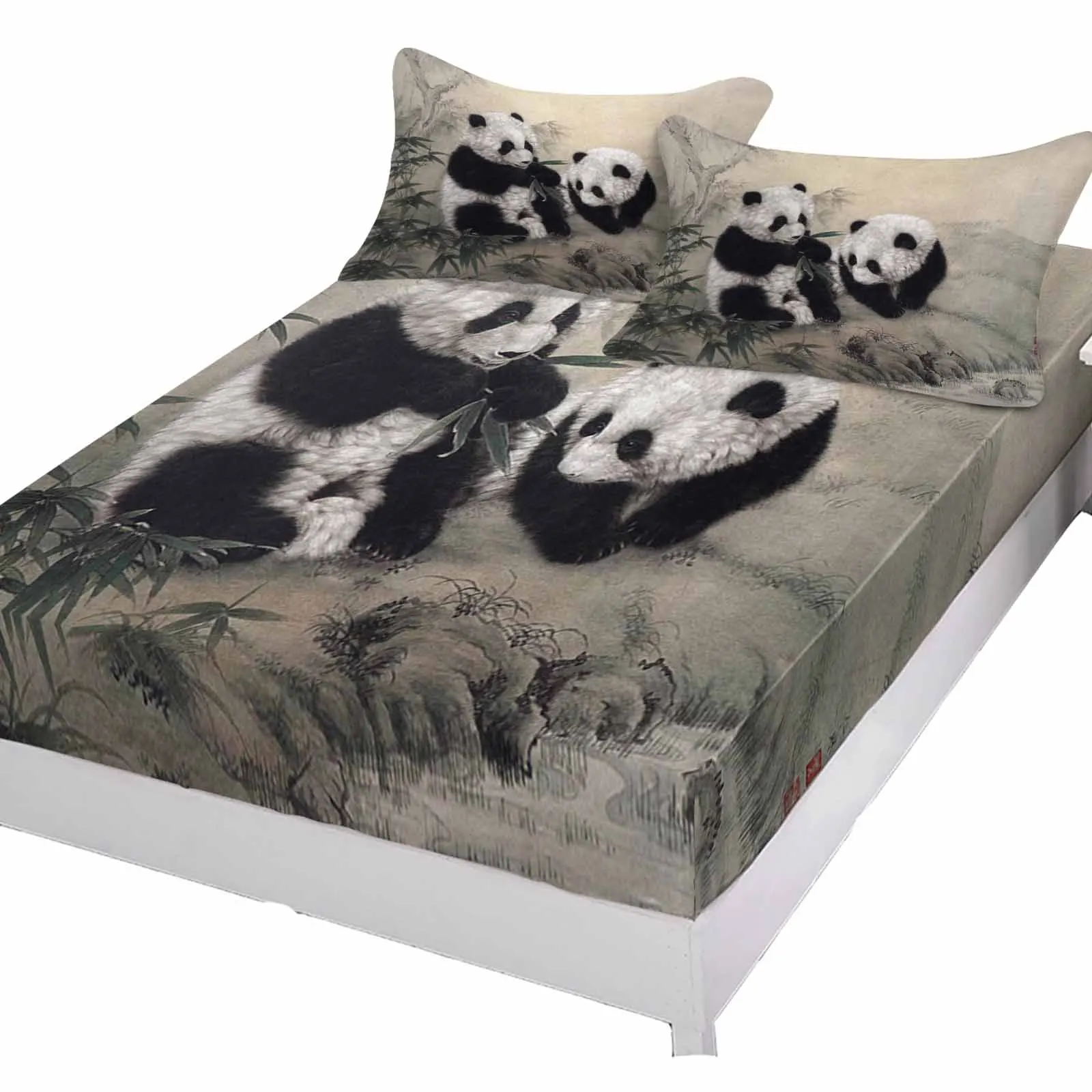 Panda Bamboo Chinese Style Fitted Bed Sheet Cover Elastic Band Anti-slip Mattress Protector for Single Double King