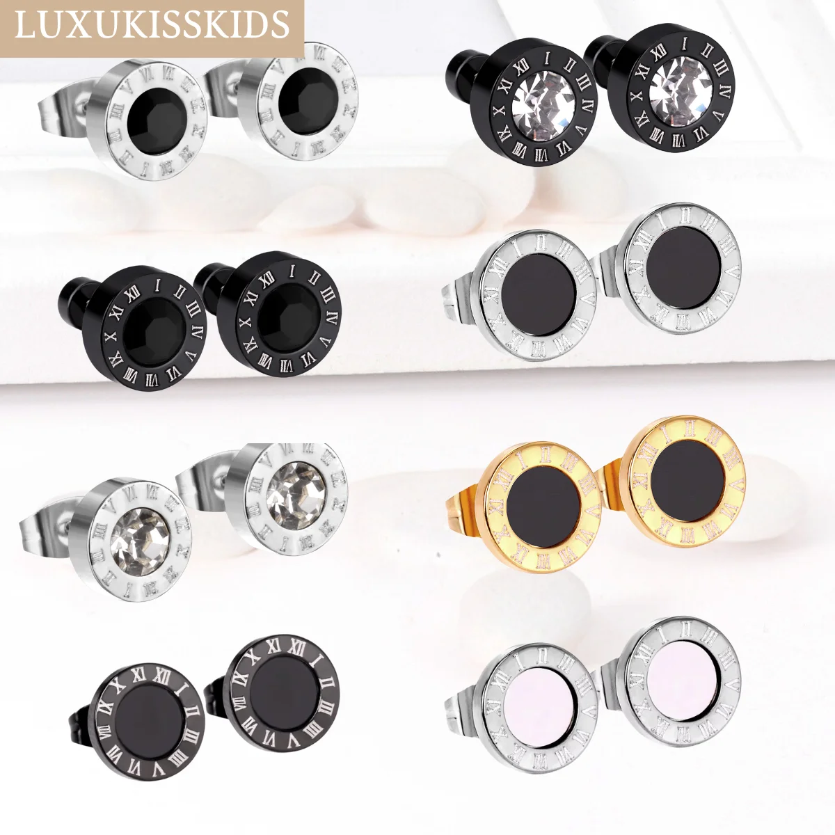 

LUXUKISSKIDS Korean Fashion Men/Woman Black Earrings Gothic CZ Stud Surgical Steel Punk Piercing Roman Number Round Ears Jewelry