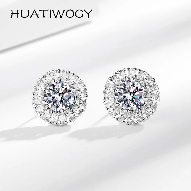 

HUATIWOCY Trendy 925 Silver Jewelry Stud Earrings with Zircon Accessories for Women Wedding Engagement Party Gift Wholesale