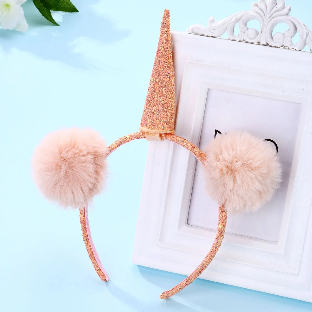 10pcs Glitter Unicorn Fur PomPom Hairbands Cartoon Animal Ears Hard Headband Party Headwear Boutique Hair Accessories for Girls