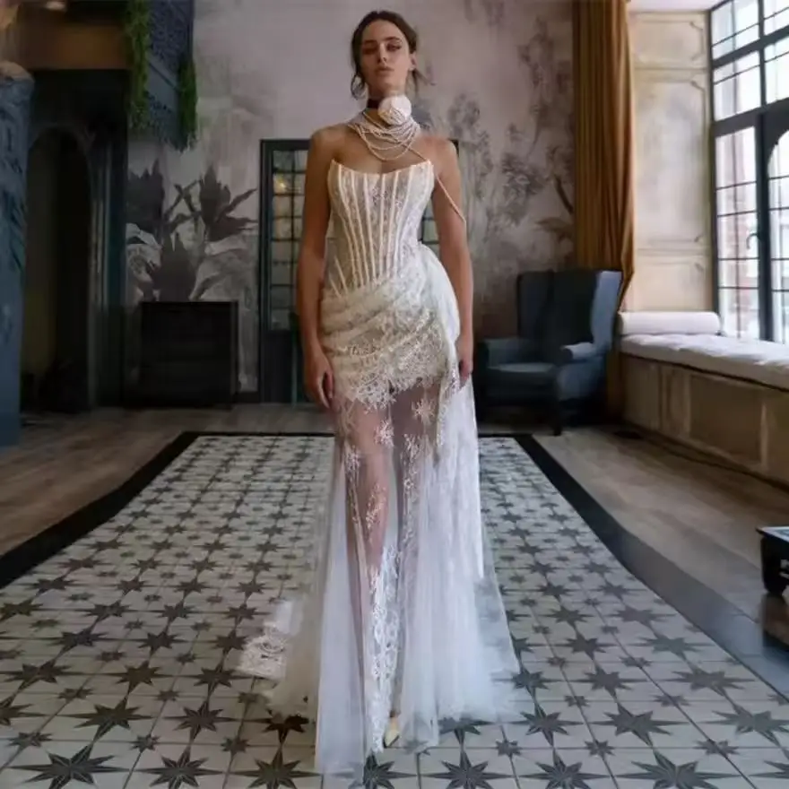 

Белое кружевное платье для выпускного вечера, сексуальное иллюзорное корсетное платье без бретелек со съемным шлейфом, свадебное платье по индивидуальному заказу